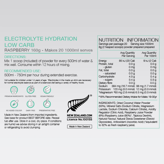 Pure Hydration Low Carb 160g Electrolytes Raspberry