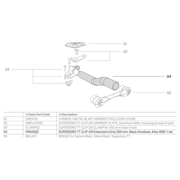 Deda SUPERZERO TT Extensions, S-bend, Aluminium, 24mm, 190 mm length, 24mm riser (1 pair)