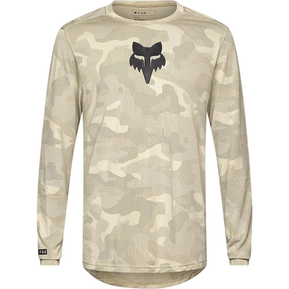 Cream long sleeve jersey with camo pattern and black fox head logo