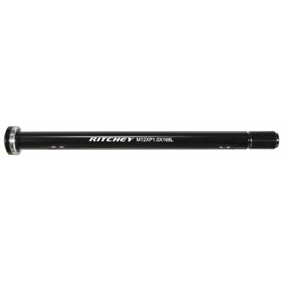 Black thru-axle with white logos
