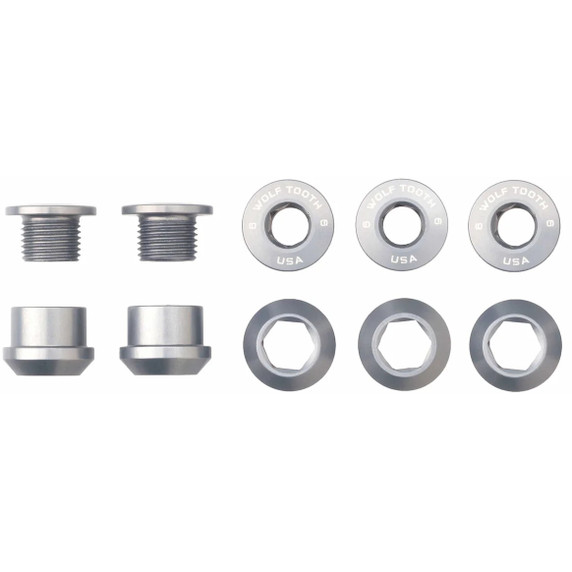 5 Silver chainring bolts with white logos