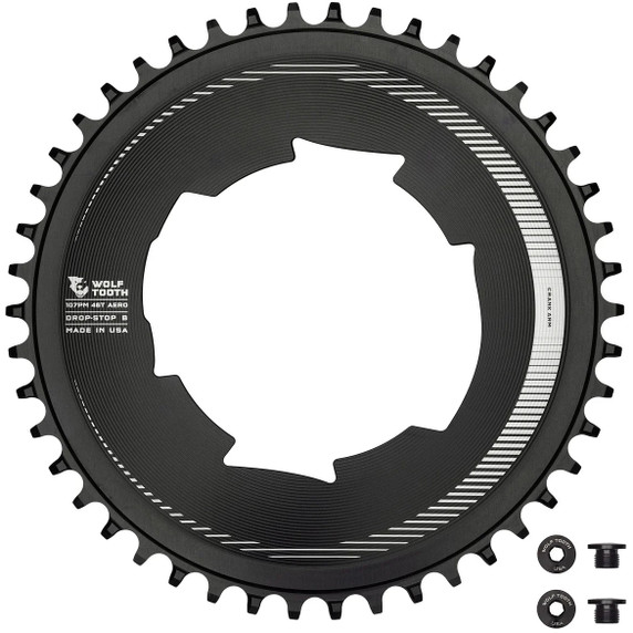 Black chainring with white decals