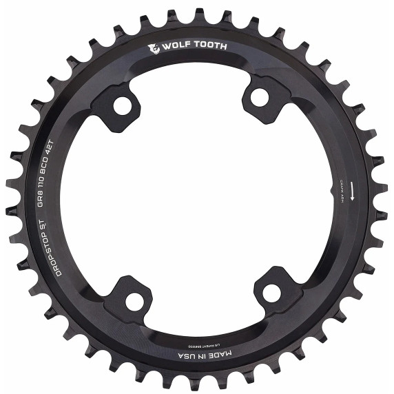 Black chainring with white logos