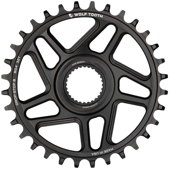 Black chainring with white decals