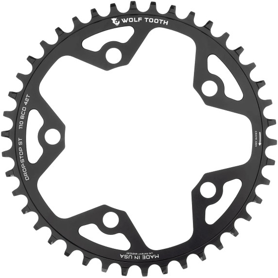 Black chainring with white logos