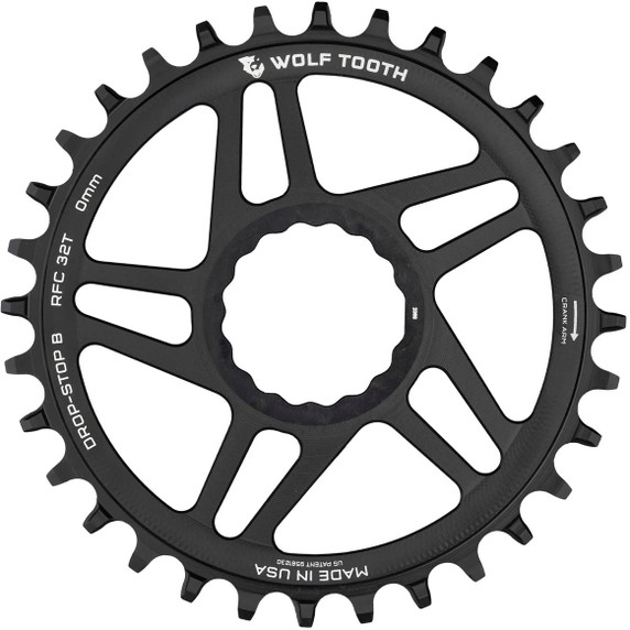 Black chainring with white decals
