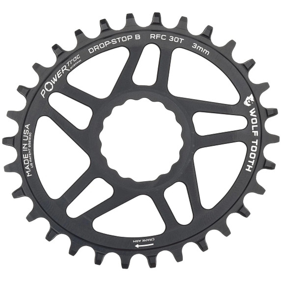 Black oval chainring with white decals