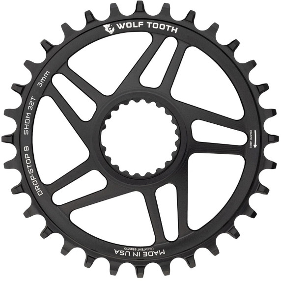 Black chainring with white decals