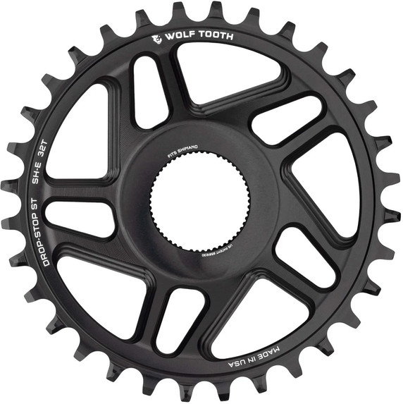 Black chainring with white decals