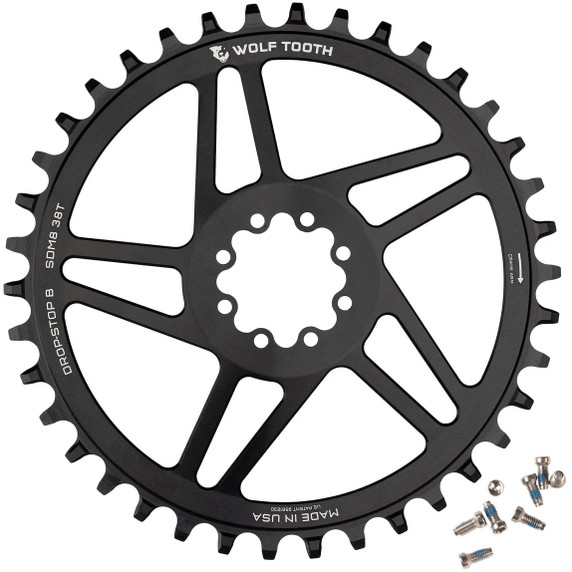 Black chainring with white writing and silver bolts