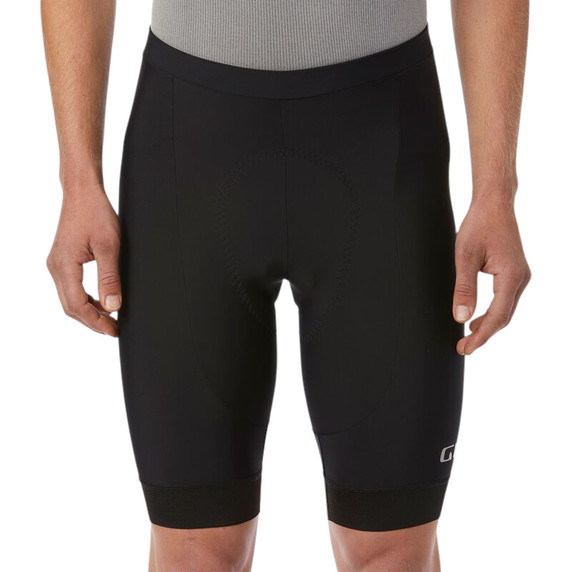 Model wearing black shorts with grey top