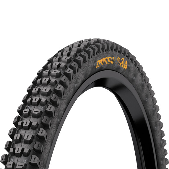 Black mountain bike tyre with yellow logos