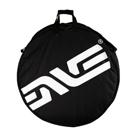 Black wheel bag with white logo 