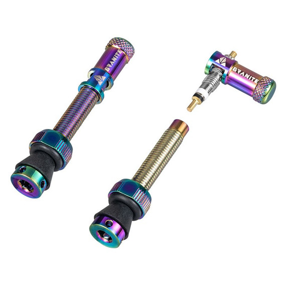 Oil slick coloured valve stem with caps