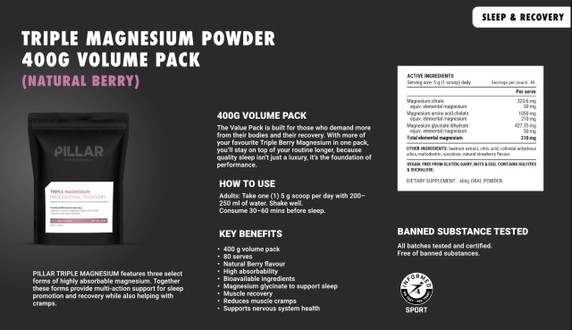 PILLAR Performance Triple Magnesium Recovery Powder Berry 400g Bulk Pack