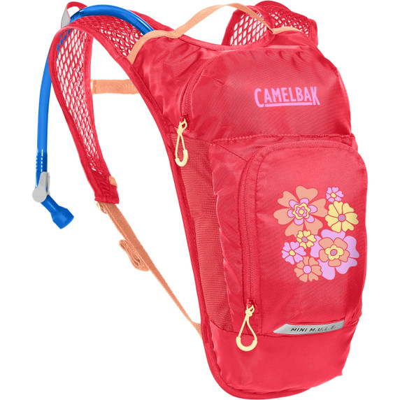 Red backpack with pink, red and yellow flowers