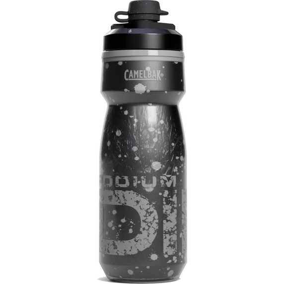 Black bottle with black lid and dirt cover