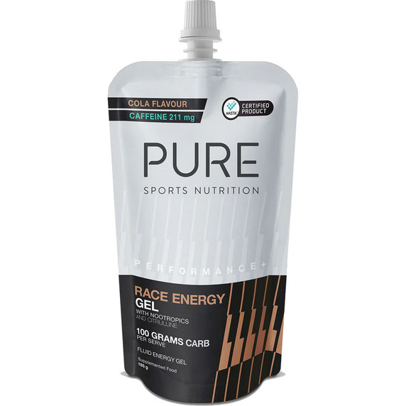 Pure Performance + Race Energy Gel 100g Carb Pouch Cola + Caffeine