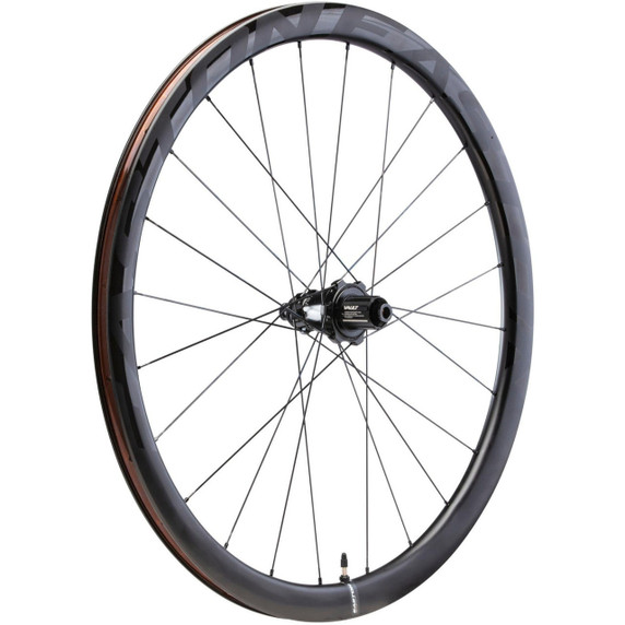 Black carbon rear bicycle wheel with grey logo
