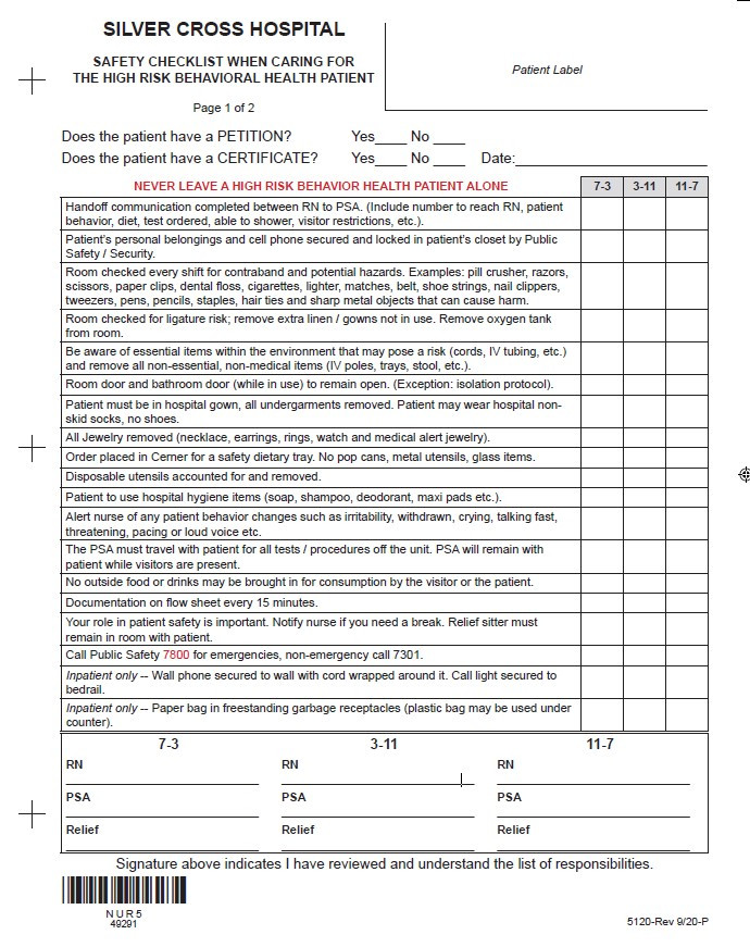 49291 - Safety Checklist High Risk Patient - Package (100) - Silver ...