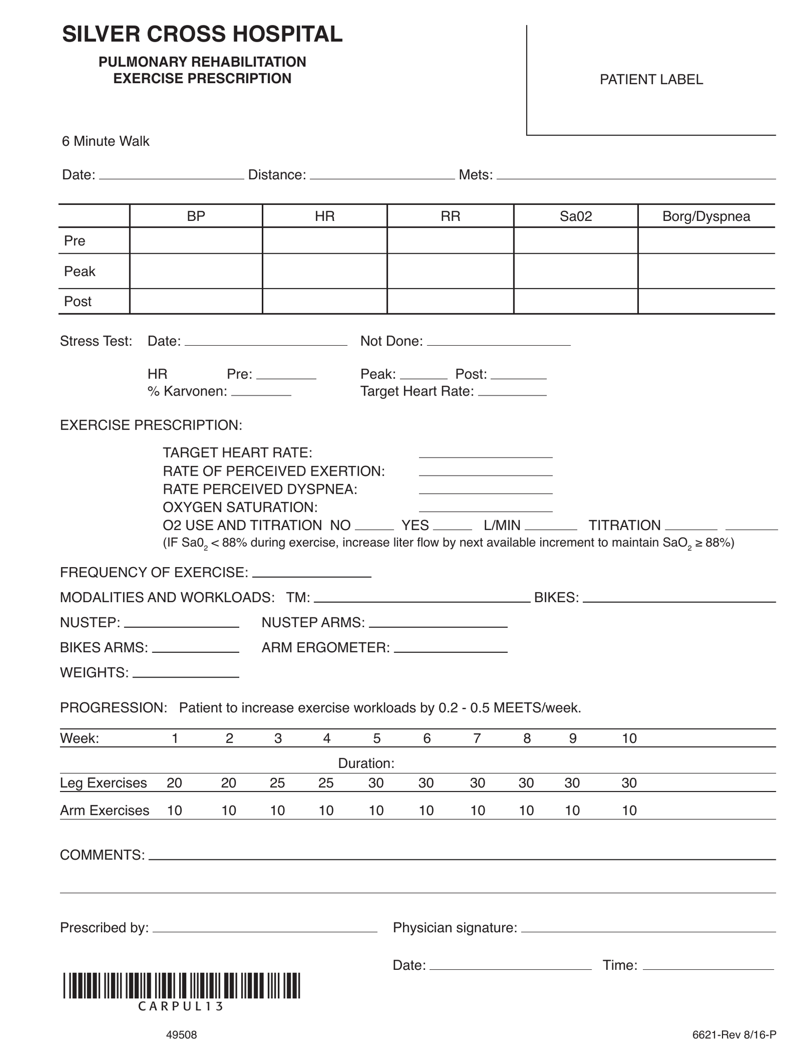 Workout Rx 49508 - Pulmonary Rehab Exercise Prescription - Package (100) - Silver ...