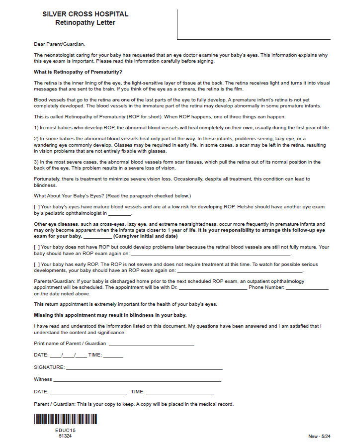 51324 - ROP Letter / NICU - Package (100) - Silver Cross Store