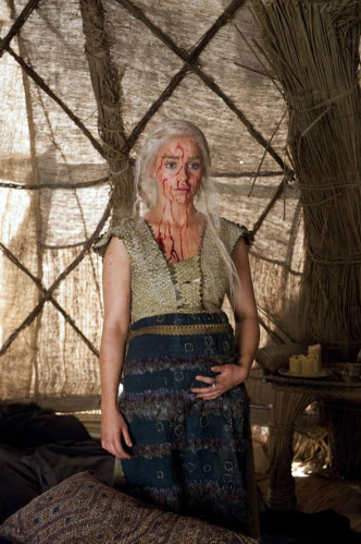 Game of Thrones character close up of pregnant belly prosthetic