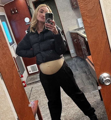 Brianne Howey wearing our 7-8 month pregnancy belly in Kinda Pregnant