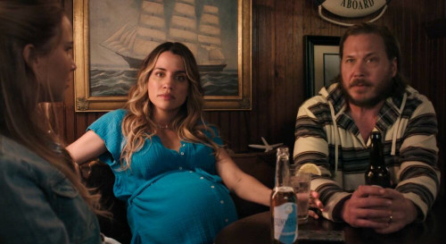 Natalie Morales as pregnant Sara in No Hard Feelings film