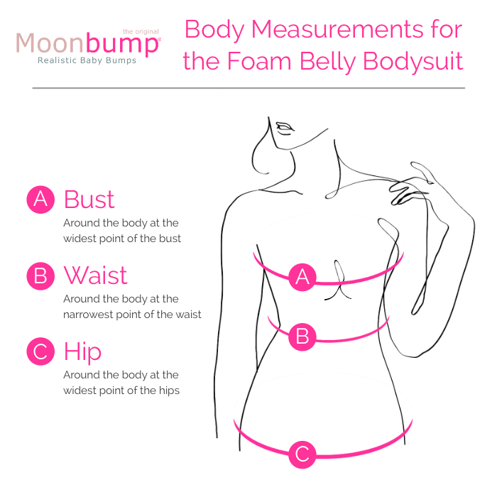 Body measurements for our foam fake pregnant belly bodysuits Body measurements chart for the foam fake pregnant belly bodysuit