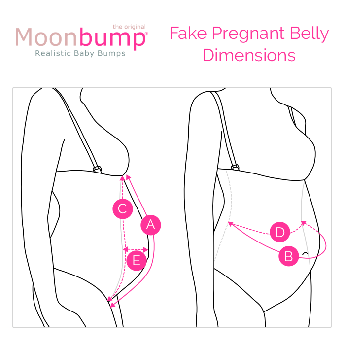 Infographic of our fake pregnant belly dimensions Dimensions infographic showing the width, height, and depth measurements of Moonbump fake pregnant bellies