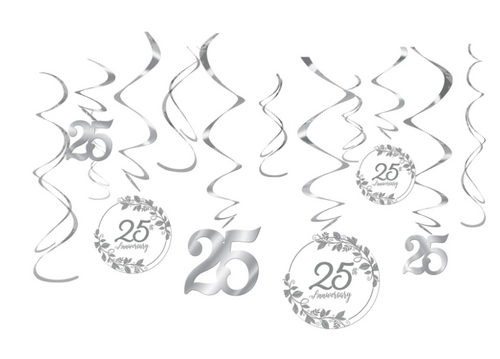 25th Anniversary Sliver Foil Hanging Swirl Decorations (12ct) 25th Anniversary Sliver Foil Hanging Swirl Decorations (12ct)