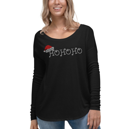 HO HO HO W/SANTA HAT RHINESTONE LONG SLEEVE SHIRT