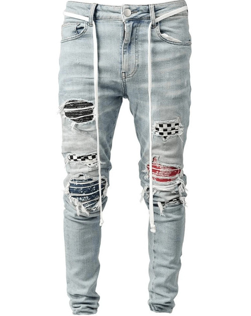 New men's skinny jeans snowflake casual slim zipper stacked ripped jeans stylish