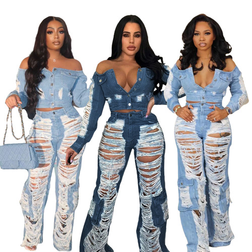 Bomblook  Casual Ripped Jeans Pants Women Straight wide leg Side Pockets