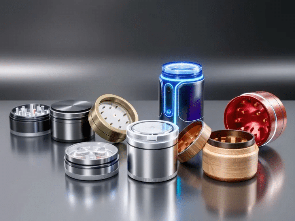 A collection of various weed grinders displayed together.