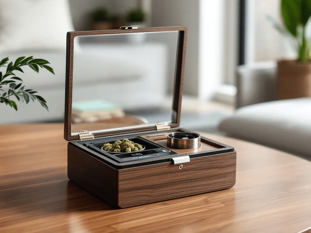 Multi-functional features of a cannabis storage box.