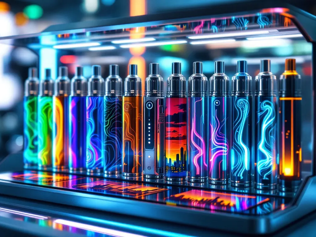 Custom vape cartridges arranged for display.