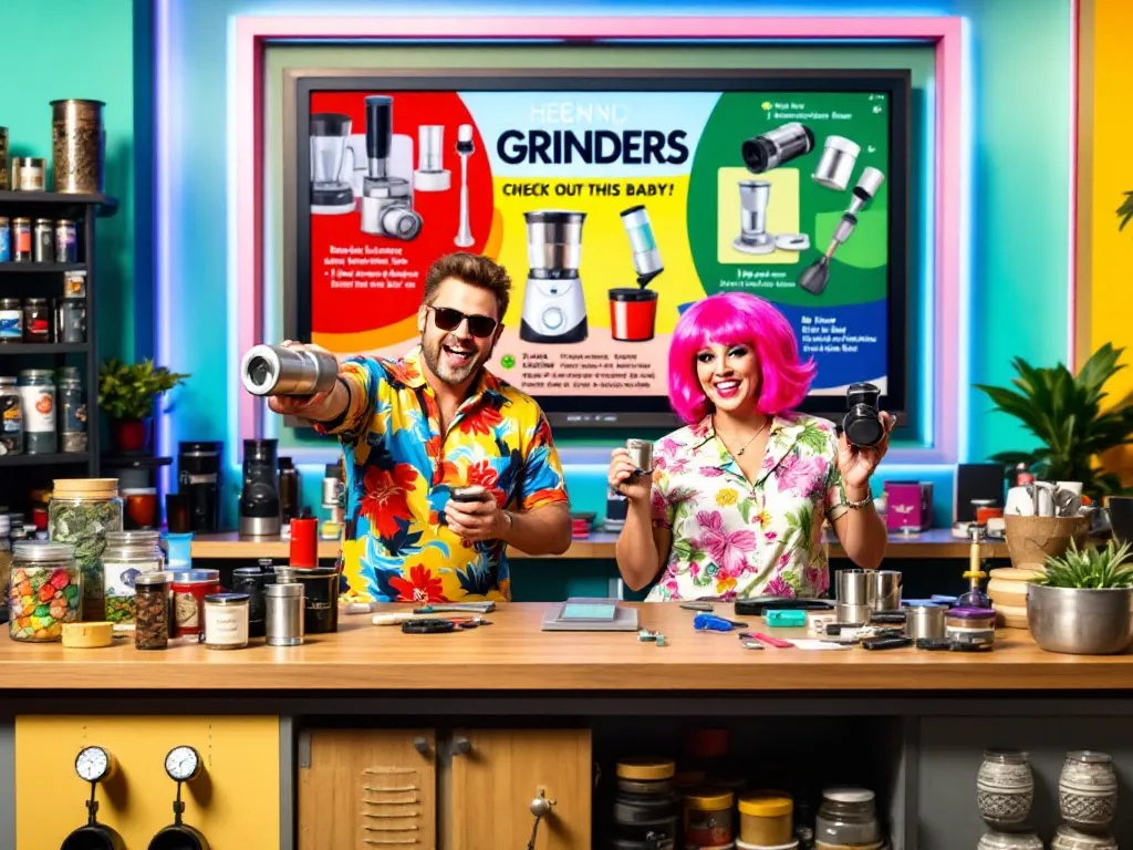 In-store display of herb grinders and related products.
