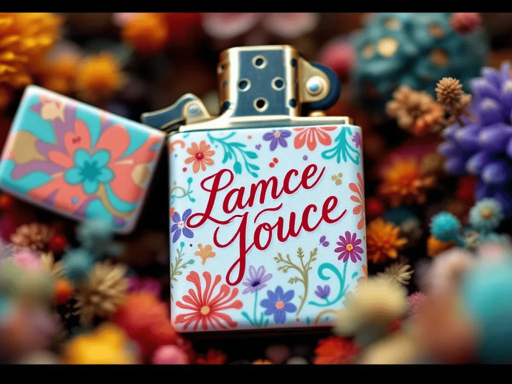 A close-up view of a custom lighter with various customization options.
