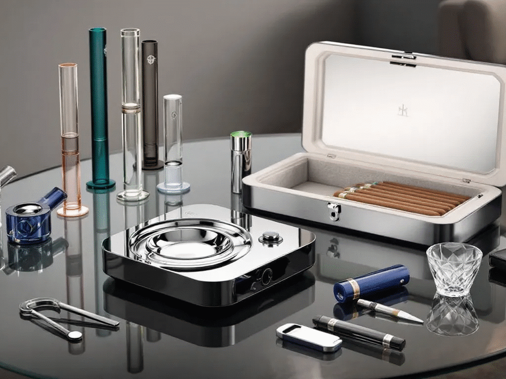 A stylish smoking setup with various smoking essentials for enhancing the smoking routine.