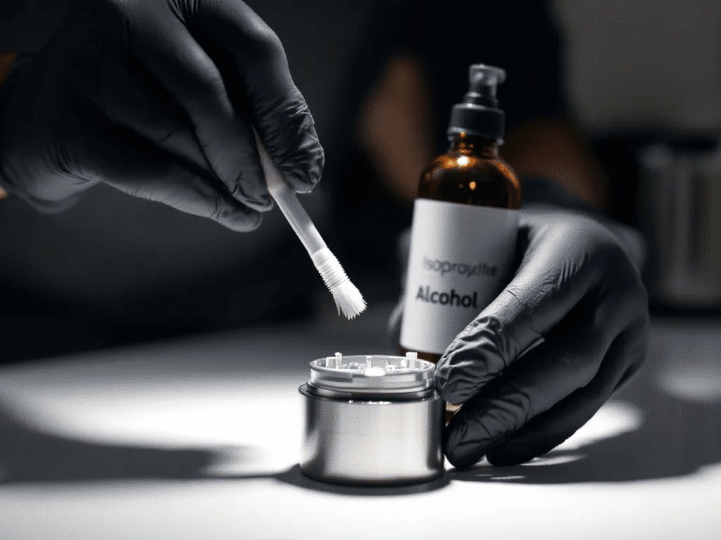A person cleaning a dry herb grinder with a brush and isopropyl alcohol.