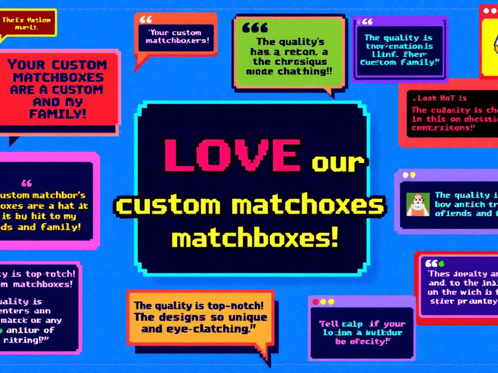 A collage of customer testimonials and images of custom matchboxes shared on social media.