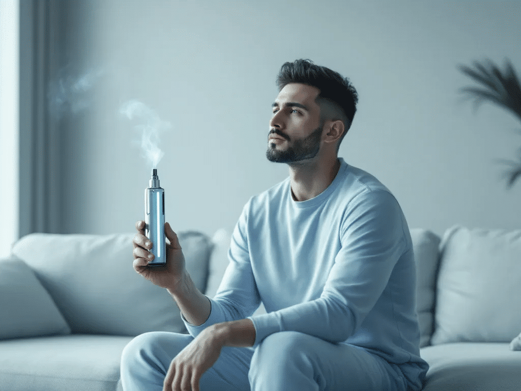 A person using a dab pen in a relaxed setting.