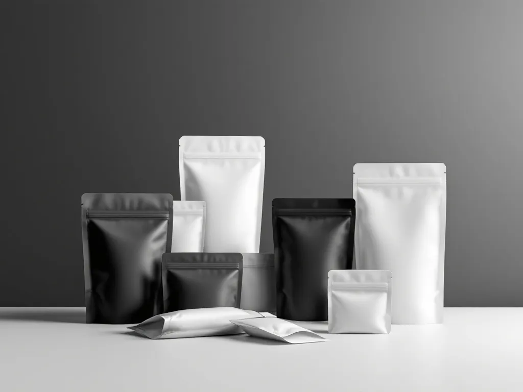 A collection of various smell proof bags displayed together.
