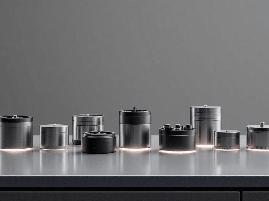 A selection of various dry herb grinders displayed on a table.