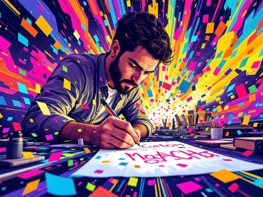 An artist sketching a design for a custom matchbox, surrounded by color swatches.