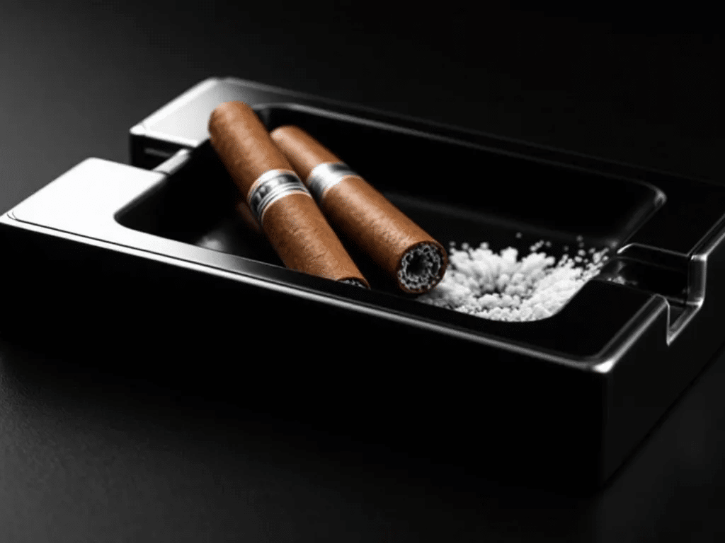 A ceramic cigar ashtray with cigars resting in it.