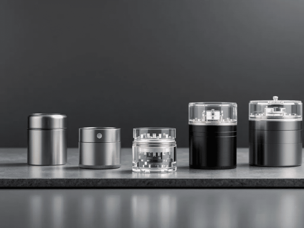 Different types of dry herb grinders including two-piece, three-piece, and four-piece designs.