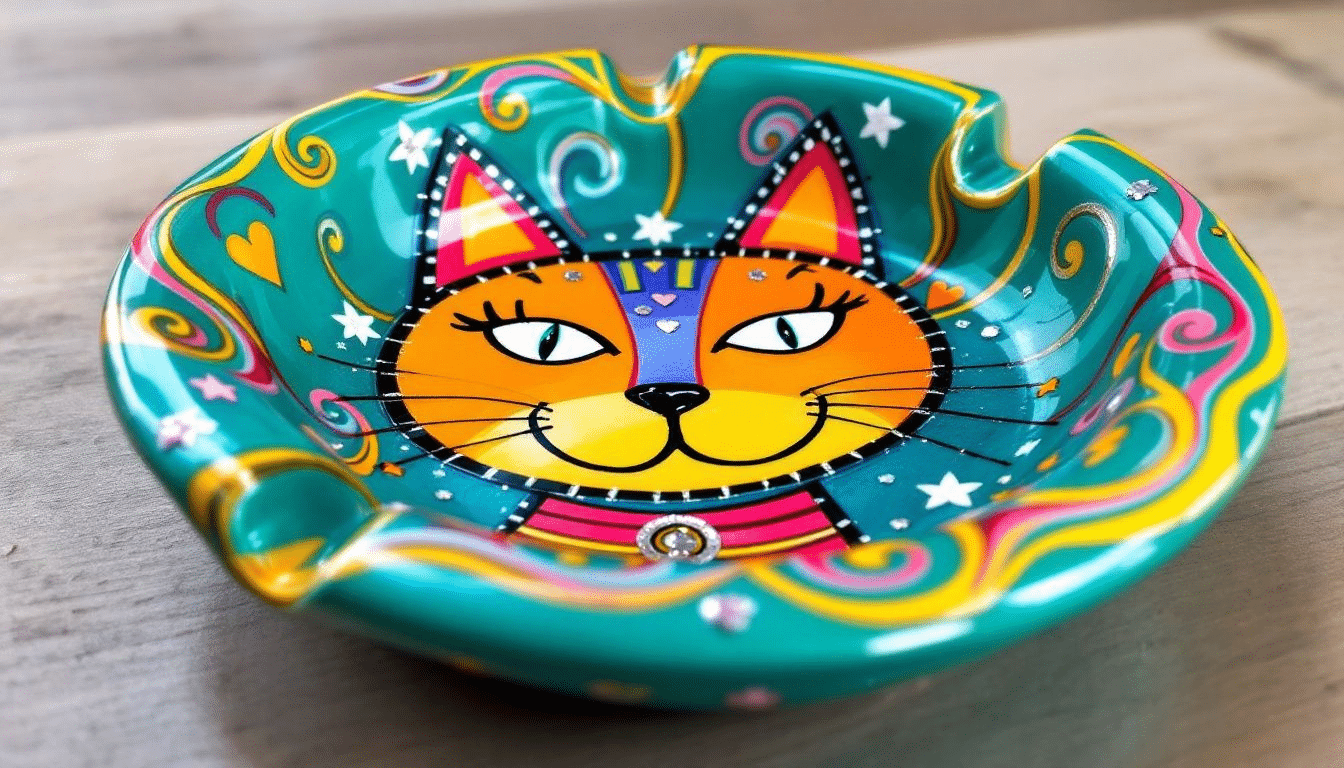 A personalized ashtray with a unique design and vibrant colors.